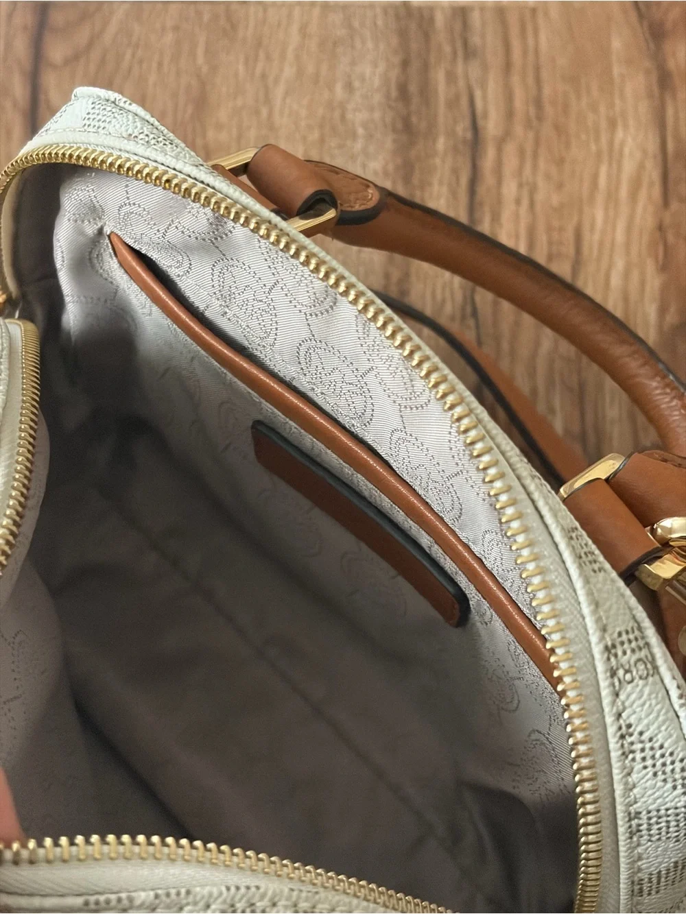 Michael Kors Beige Logo Satchel with Tan Leather Trim